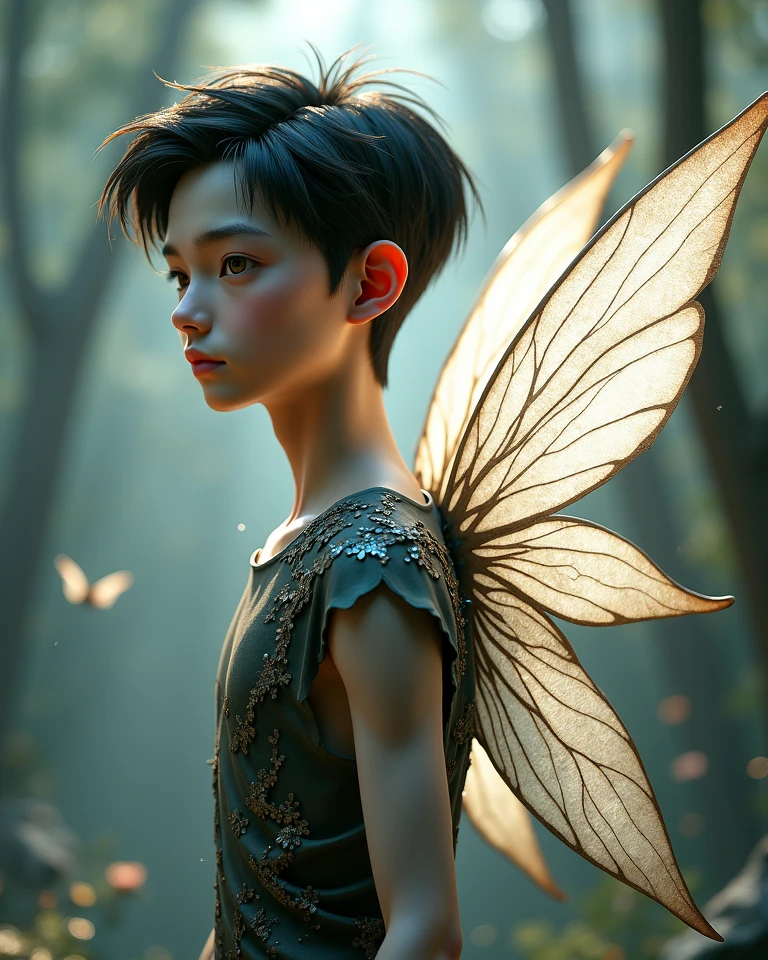 A boy with curly black hair, black eyes, pale skin, slender, golden dragonfly wings, dimples on his cheeks, sensual lips