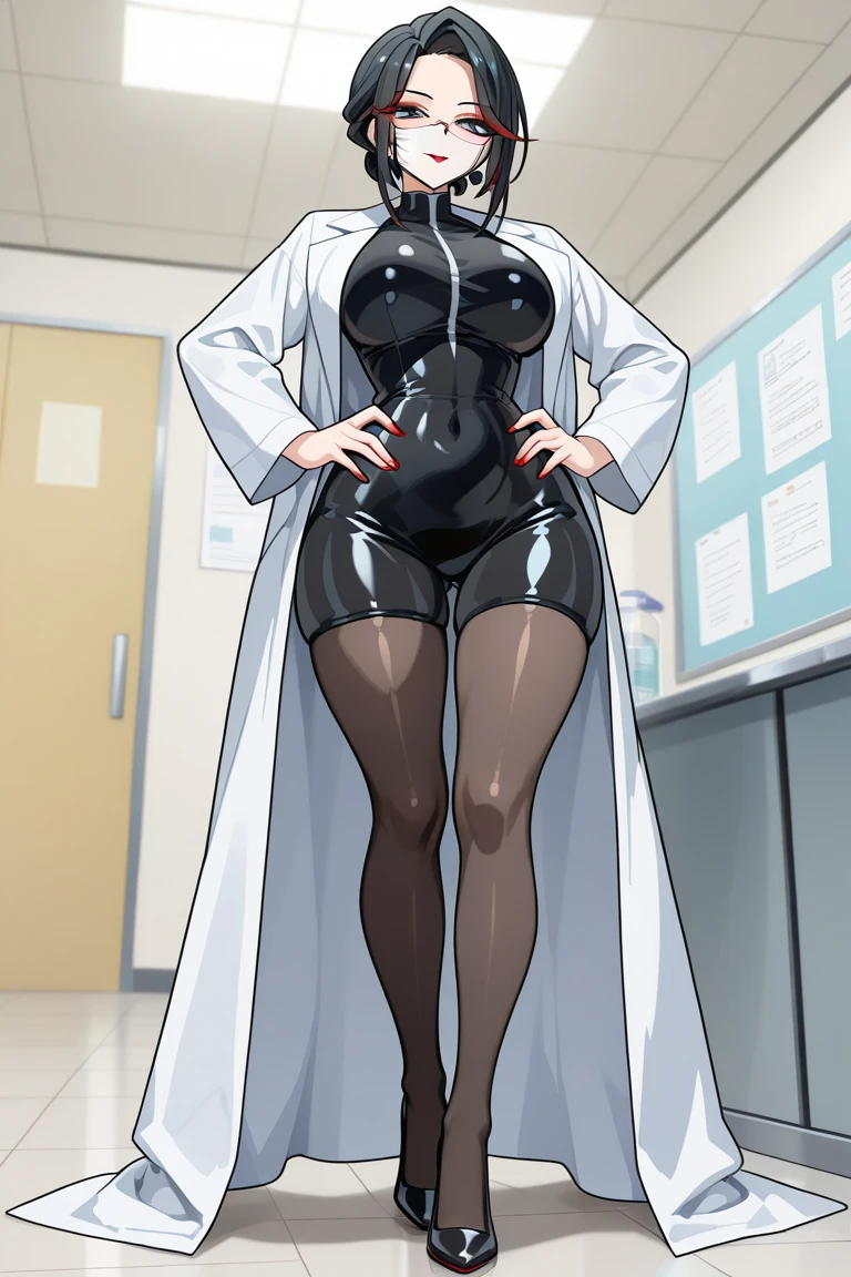 Main: Kitami Reika, mature female, 40 yo, blonde hair, short hair, lipstick, makeup, black eyeshadow, smokey eyes, blue eyes, jewelry, cross earrings Clothes: black corset mini dress, white labcoat, black thighhigns, pump shoes (or highheeled boots). Optional: detailed hair, ultra detailed face, blue eyes, perfect eyes, perfect face, Large Breasts, cleavage, curvy, big ass tricky glance, smirking (masterpiece), best quality, expressive eyes, perfect face, muscular woman, woman with well marked muscles, toned muscles, hyper muscular, massive muscles, massive shoulders, massive biceps, muscles bulging, gigantic muscles, extreme muscular, muscles, big muscles, muscle mommy, muscular female, Bulky, Bodybuilder, HyperMuscle, massive breasts, massive , big , gigantic , slut, whore, corruption, boots, high thighs, sharp teeth, angry face, mean, big tits, massive tits, fake tits, erect nipples, evil smile,