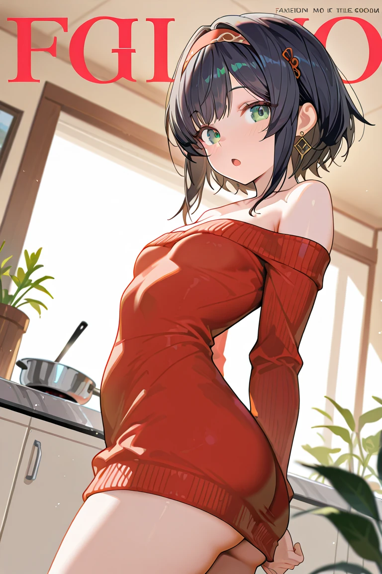 (from below:1.2), (perky chest:1.2), (pointed chest:1.2), 1girl, Bust A Cup, Amazing Cleavage:1.1, thin waist, big ass, Raised cute, small breast: 1.1 posed cleavage:1.2、solo, looking at viewer, have a cute glass of cute beer glass,black hair, dark green eyes, dress, bare shoulders, jewelry, collarbone, side locks, hairband, earrings, indoors, off shoulder, arms behind back, plants, short hair with long locks, gild hairband, off-shoulder dress, sweater dress, off-shoulder sweater, red sweater, dark gold hair, big side hair, very long side hair,is rendered in (masterpiece: 1.2, best quality), with (ultra high resolution) and an exquisite (depth of field). This masterpiece is not only visually stunning but also tells,A scene of cooking in the kitchen