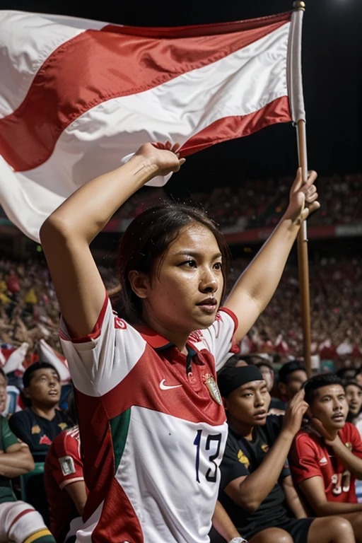 Red flag of Bangladesh. A 42-year girl is with a red cloth Bangladesh jersey on the body. Jersey number 82 The name of the girl behind the jersey is Eyza1312