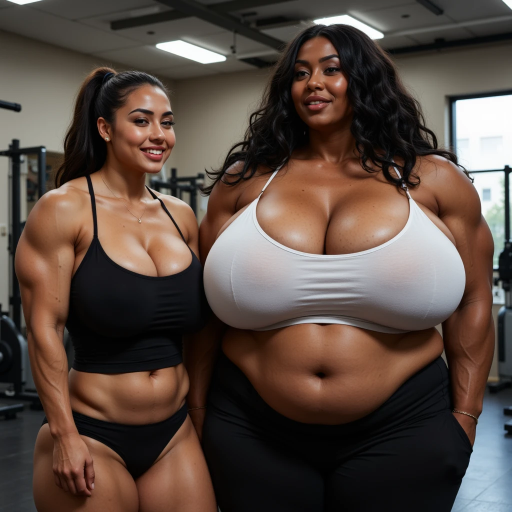 (((2heads))), (curly hair), (sweaty, sweating, wet body:1.2), ultra-detailed face, beautiful shiny long black hair, african, darkskin, dark blue eyes, cute freckles, tanskin, wearing tight gym outfit, conjoined, chubby ,bimbo,visible curves, cleavage,chubby woman, 52 years old, ponytail, in a gym, large droopy breasts, happy expression,full body