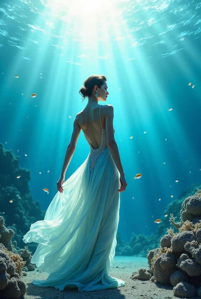 (masterpiece:1.2), best quality,(HDR:1.4),High detail RAW color photo professional, highly detail face: 1.4, a detailed portrait of a woman floating underwater wearing long flowing dress, nymph style, amazing underwater, detailed skin, wet clothes, wet hair, see-through clothes, lens flare, shade, tindal effect, lens flare, backlighting, bokeh