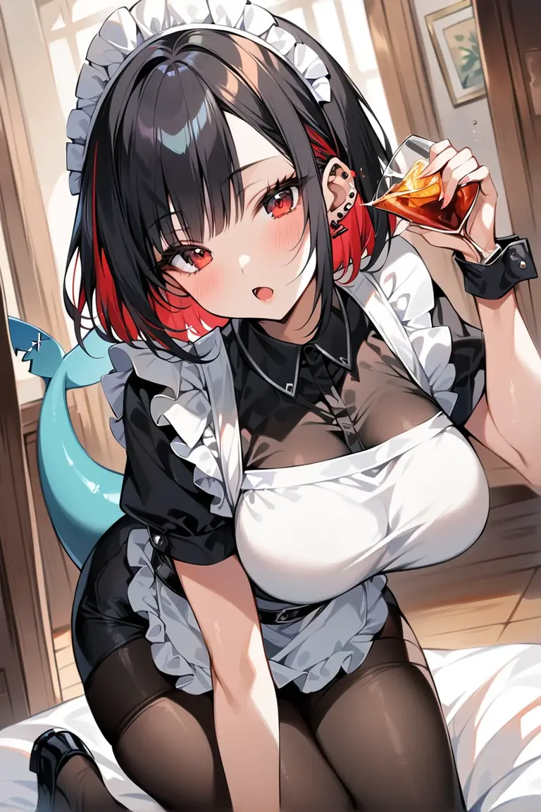 (masterpiece,Highest Resolution,4K High Resolution,Crisp image quality)(Rub your chest),(Condescending look:1.2),Close-up shot,Realistic,Naked Solo,One Girl(Large Breasts)Ellen Joe,Zenless Zone Zero,Alternative costumes ,Maid, shark tail, (Shark Girl:0.5), short hair,Black Hair,Red eyes, tail, pantyhose,multicoloRedhead, Black footwear, Short sleeve, apron, Wrist cuff, Maidheaddress, stockings, Nyanchalen Joe, Black Hair, Redhead,inner hair color, multicoloRedhead, (Red eyes:1.3), Redhead, short hair, Two-tone hair,apron, 穴空きblack pantyhose, Black Shirt, ear piercing,Close-up photography,Sex Videos Upper Body ,(((Deep throat blowjob sex with a man's thick dick )))