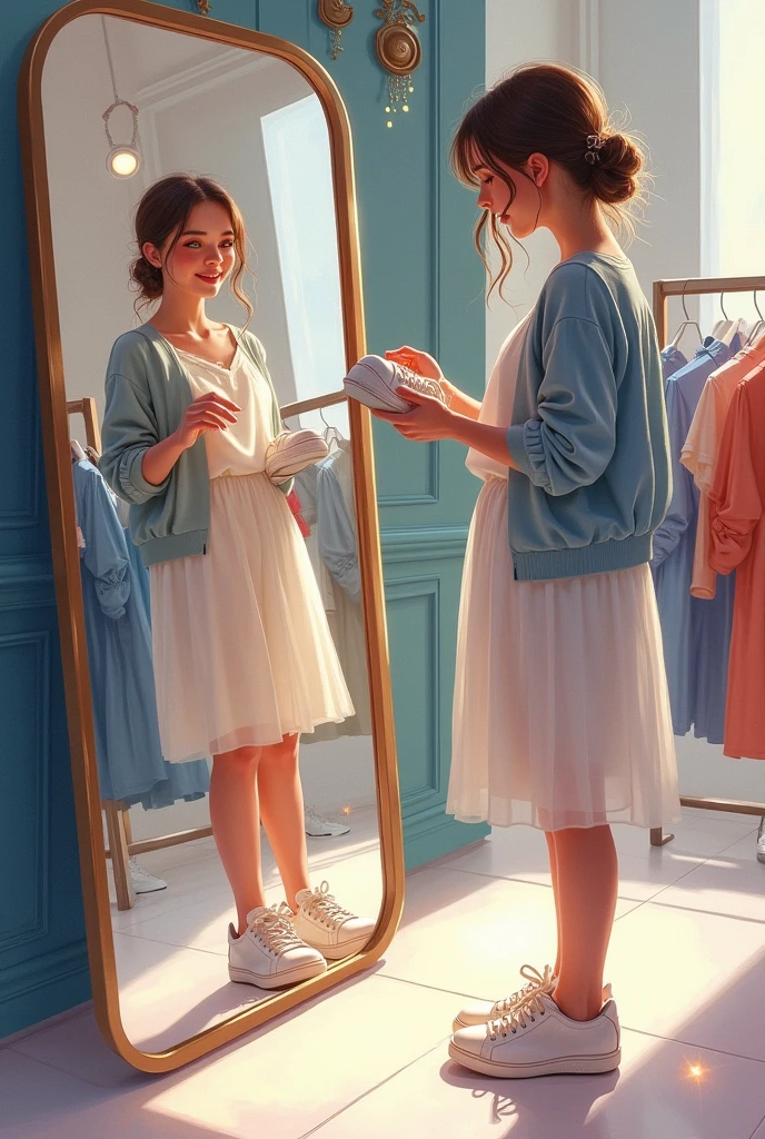 A young woman looks in a big mirror. Her clothes are covered with small traces of color paint, as if someone had left them with their hands. Behind her, a small poor touches her shoulder with a serious and sad expression.