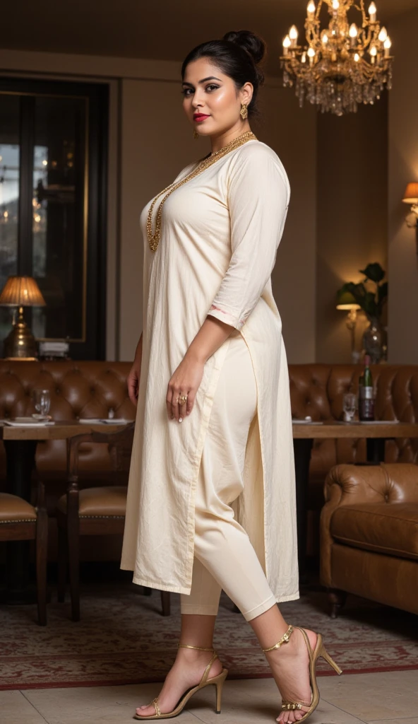 Day scene, A radiant, full-figured South Indian 3 aunty a white colour chiffon transparent kurta ,standing, in a office captured in a full-body image with vibrant hues and meticulous details. Full body image