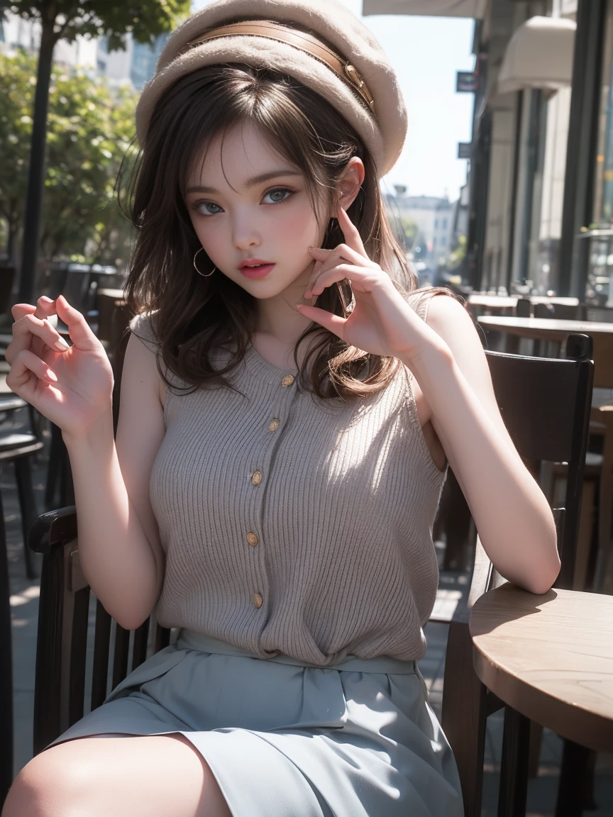 1womanl,Golden head hair, ,((Impatient expression)),Beautiful breasts,thin white tube top,well-styled,,(Facing the front)(((Blushing cheeks、Surprised look)),(((Braids))),((( Portrait from the knee up)))Frameless glasses,Blue eyes,(((Bangs are aligned)))((see -through))((Mouth open))