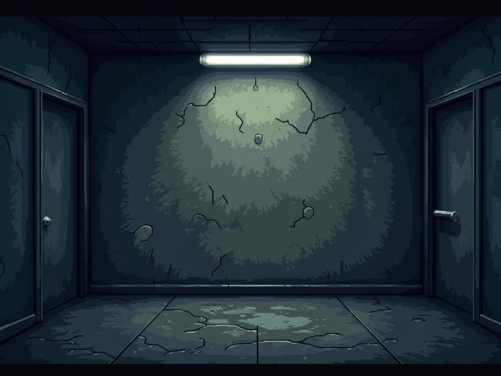 "Pixel-art background in visual novel style, seen from a first-person perspective (eye-level view). A dark and eerie school maintenance room, with cracked walls and a dimly lit atmosphere. The floor has visible stains and dust, and the walls are a mix of old concrete and peeling paint. A single flickering fluorescent light casts long, unsettling shadows. The atmosphere is cold and desaturated, using tones of gray, dark blue, and faded brown. The room is empty, leaving space for interactive objects to be added later. The pixelated details mimic classic retro RPG games, with a slightly grainy, low-resolution aesthetic."