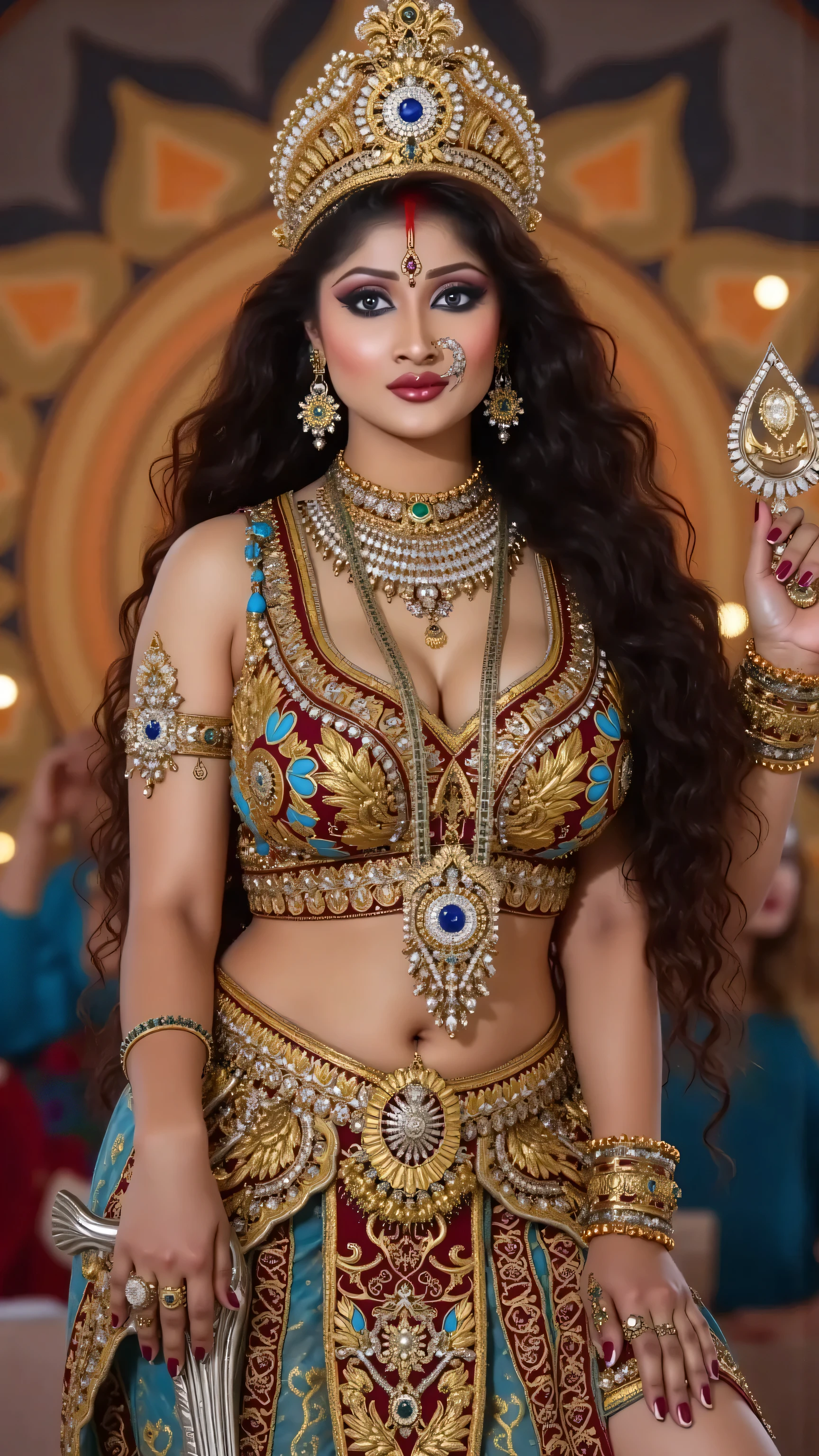 (sexy hot 🥵 devi of Indian, she has very giant with cleavage, sexy long legs, she is sitting on mahishasur thighs side, mahishasur is lying on floor)The image you sent appears to be of Hindu devi of sex love , 40 year old a Hindu goddess known for her sex and erotic. She is often depicted with arms holding a weapon and dildo or symbol of her hottest goddess, wearing sexy dress for showcasing her legs and massive breasts
In this image, she is standing in front of camera, she is very hot Because she is goddess of sex,big , sexy figure, sexy legs, jewellery,milf, goddess looks, sexy dress showcasing her sexy hot legs,(Kamasutra queen, crown on head,(red lipstick, sexy bright face), (intricate detailing of face eyes nose mouth full lips & body parts), textured skin, smile:0.6, eyes symmetry, face symmetry, 256K, HDR, hyper realistic, intricate detailing, yotta-pixel image, yocto-pixel detailing, super realistic,4k, HDR, detailed image, DSL camera photo)