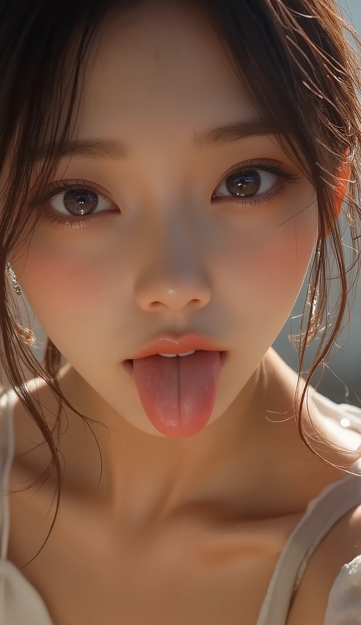 Fashion trendy beautiful and attractive woman,beautiful japanese woman,1 girl、Realistic and detailed eyelashes、award winning photos、very detailed、eye、nose、focus on the mouth、Close-up、focus on the face、口を開けてeyeを閉じた女性、35 years old、black hair、しわeye：1.1、symmetrical face、リアルなnose孔、from belowのアングル、リアルで詳細な細長いC字型のnose孔,sweaty skin、Lighting that emphasizes the skin that shines with sweat、((鋭いnose))Skin shiny with sweat、shiny skin、sweaty hair、上eye使い、(wrinkles between eyebrows))(cum on tongue)Lighting that does not cast shadows on your face、from below,long tongue、drooling.((Drool dripping from the tongue、saliva drips from the tongue))、(((Drool bubbles remain on the tongue、)))(((Foamy saliva collects at the bottom.)))upper body only,Ellipsoidal surface, ((Shibuya cityscape,Spring Casual Fashion,I can see the sky))