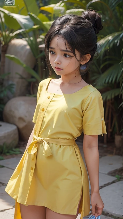 Fashion photography of children, yellow plaid dress, strong sense of design, middle ground, 8-year-old girl, little girl from England, shoulder-length hair, hair accessories, delicate skin, cute and lively, simple background, high texture, backlight, studio professional lighting