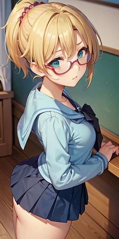 twin short braids, Blue and yellow gradation hair, Blue eyes, girls, orgasm, glasses, demon tail, skirt lift, see through, pussy