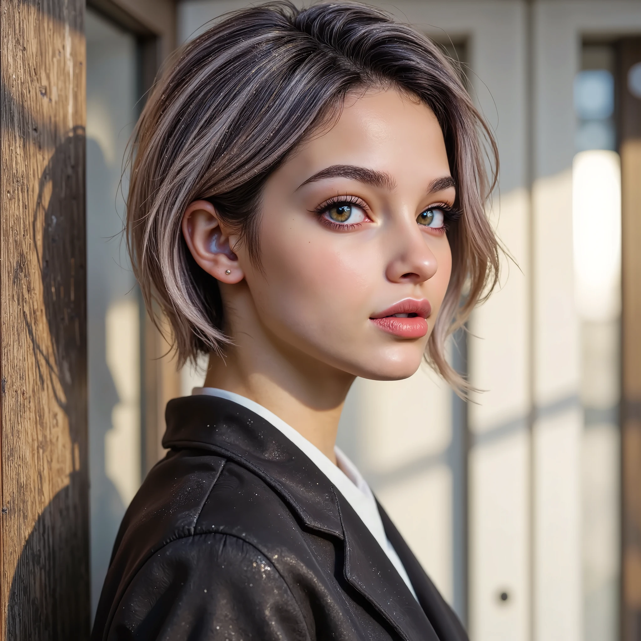 Portrait of a semi-realistic looking young woman in profile, blonde hair, short haircut, very bright eyes, flawless and shiny skin that glitters under the light. The background is impressive with intricate details all over the screen. The overall photo has cinematic lighting with a polarizing filter, and everything is in sharp focus.