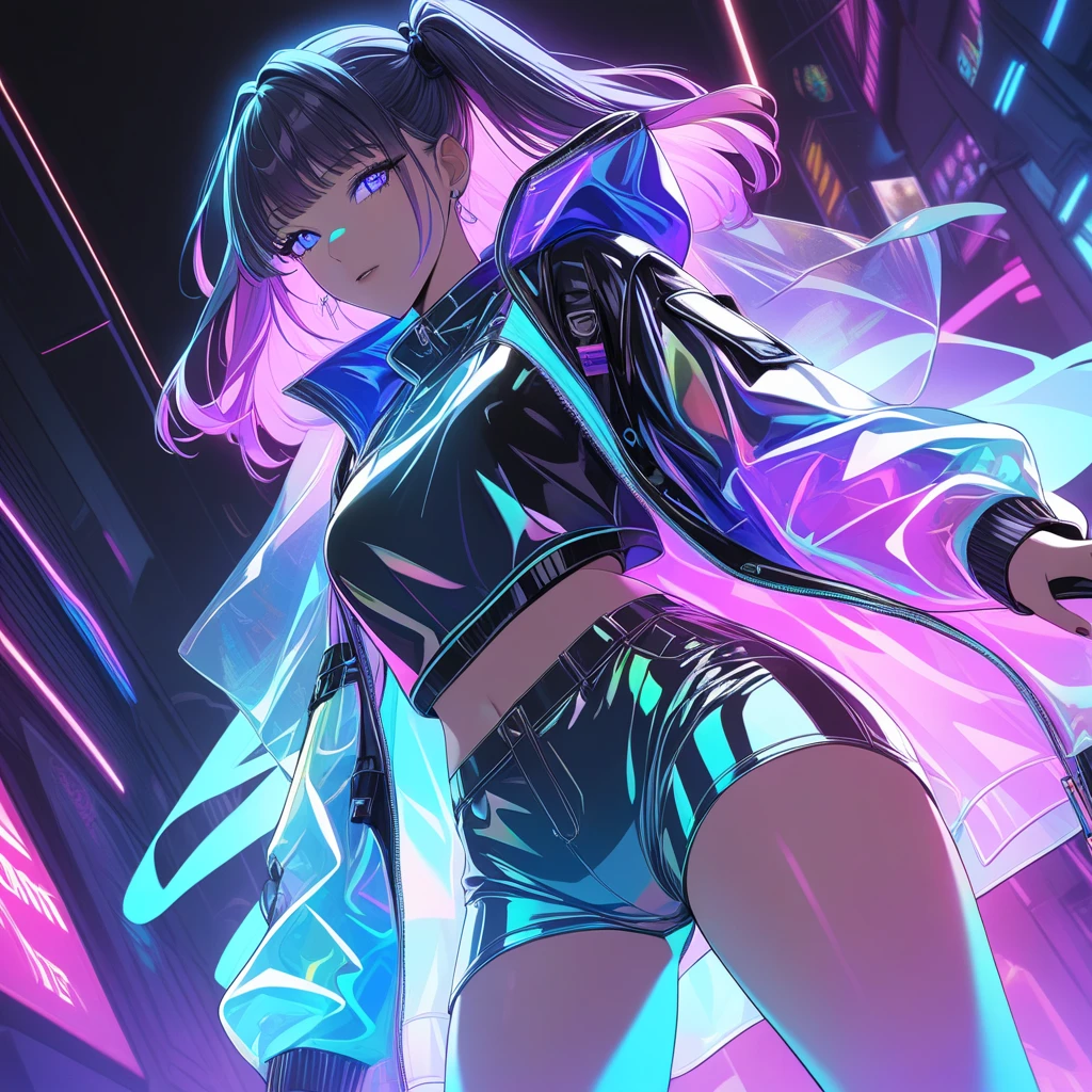 Wearing complex cyberpunk streetwear, sexy, Eroticism, beautiful, sexyナポーズ,  4k yen, Bright colors, Concept Art, Sharp focus, Volumetric lighting, Cinema Lighting, Studio Quality