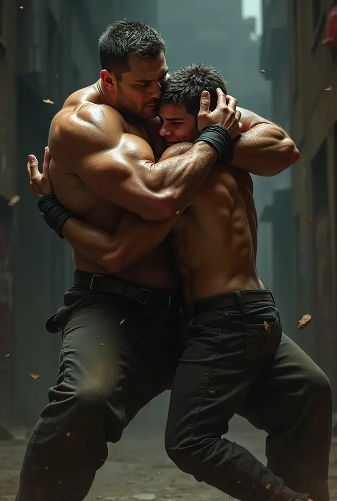 2 muscular handsome nude men (one asian, one European) lying on the floor oil wrestling sensually where one hand is groping the other's penis , fully nude, handsome, on a strip club, drooling audience, aroused penis, showing penis, transparent outfit, see-through wet plastic g-string , handsome , big scrotum, erect penis, bulbous ass, bulbous penis tip , big bulge