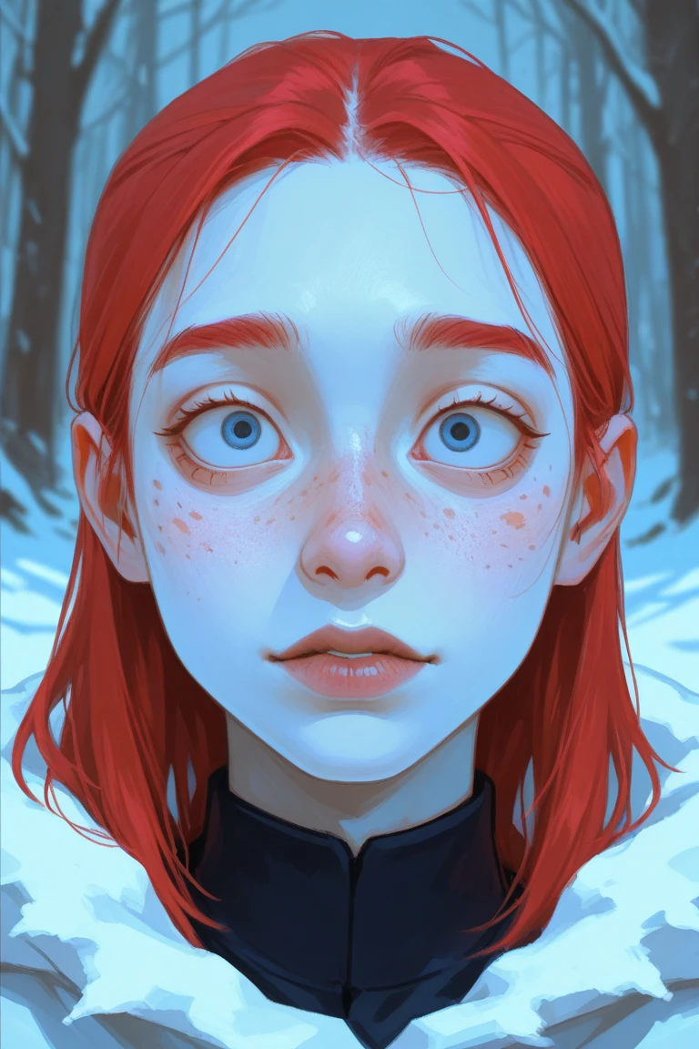 Portrait of girl with red hair and with cute face, north pole vibe, perfect composition, hyperrealistic, super detailed, 8k, high quality, trending art, trending on artstation, sharp focus, studio photo, intricate details, highly detailed, by greg rutkowski