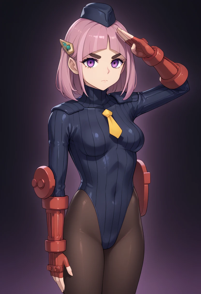 Very detailed, clear, beautiful body, Beautiful nose, Beautiful character design, perfect eyes, perfect face, very high, 4k, Beautiful legs, perfect legs, good hand, perfect hand, Masterpiece, best quality, haveรายละเอียดสูง, illustration, nonsense, perfect anatomy, street fighter, doll set, Chadaloo Doll, doll set, expressionless, empty eyes, look at viewer, red gloves, Emotionless, black Latex, corruption, mind control, female warrior, full body, hypnotized, ความมึนงงที่ไม่haveความสุข, full body suit, Ribbed bodysuit, Both arms are at the sides., obey, perfect woman's body, extremely glossy Latex, hypnosis, Hipnolora, empty eyes, empty eyes, mind control device, Poses, give up_Pose, slave, standตัวตรง, stand, stand at attention, have, necktie, belt, Latex, Ribbed bodysuit, thigh high, garter belt, fighting posture, Extend your right arm away from your shoulder into the air with your hand straight., greet, greet, soldier greet, nazi greet, soldier, thigh boots, 1 girl, hair ornaments, pink hair, short hair, hair, pink eyes, (((Pixel Perfect, perfect detail))), alone, 1 girl, Riri Hitotsuyanagi, Attack Lily