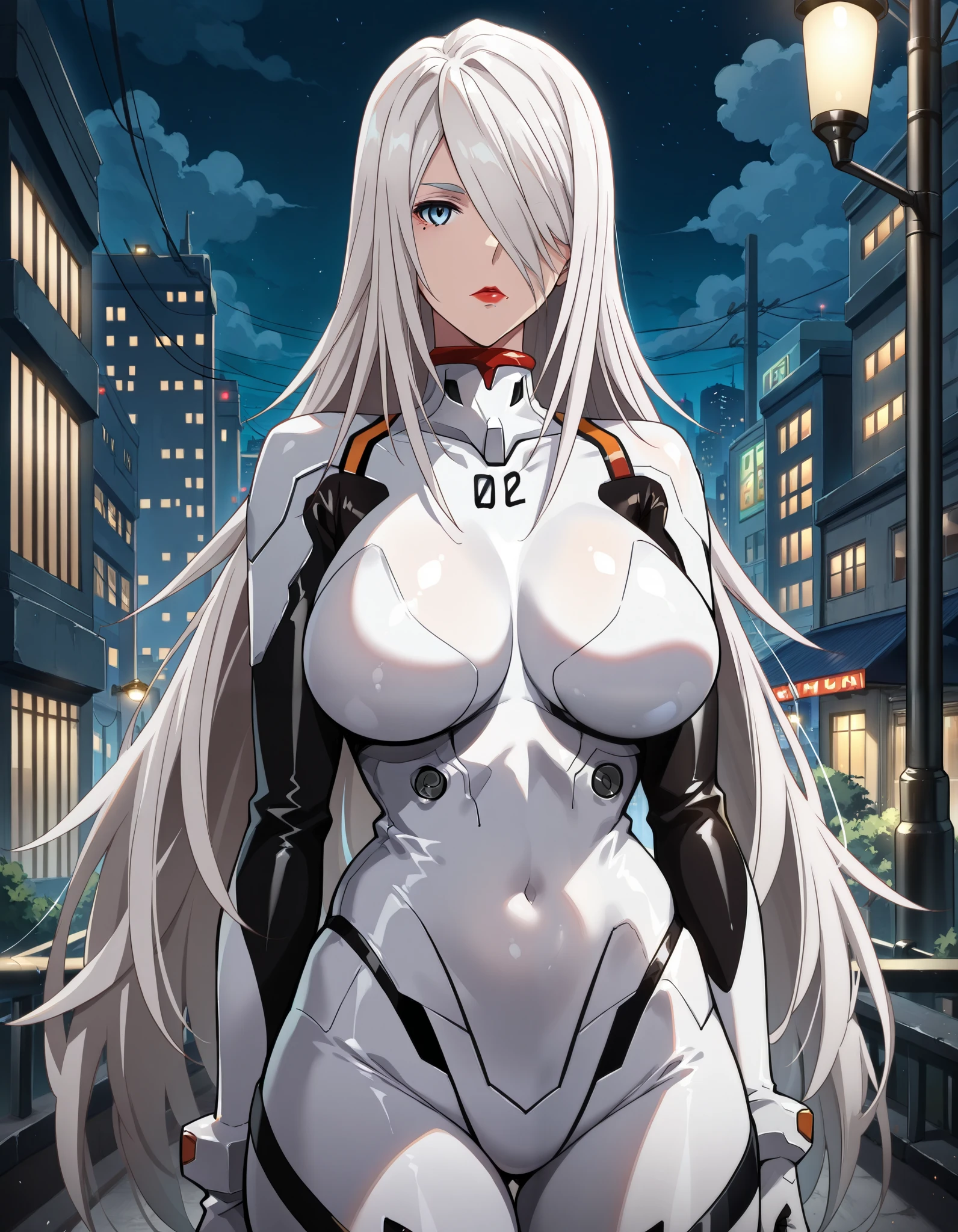 4K, 8K, masterpiece, ultra detailed, best quality, amazing quality, very aesthetic, 1girl, milf, solo, voluptuous, plump, a2yorha, (huge breasts), (((white hair), hair over one eye, very long hair, long sidelocks, blue eye)), red lips, ((white bodysuit, plugsuit)), expressionless, ((futuristic buildings, city, dark, night, streetlights))