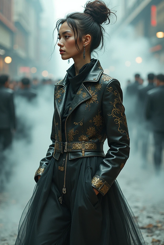 A striking portrait photograph, 9:16 aspect ratio, cinematic lighting (c 10), high detail (w 10), 500 sampling steps, of a young, slender Indian woman, 20-25 years old, with dark, expressive eyes and long, flowing black hair, adorned in a flowing, asymmetrical gown.  The gown is a masterpiece of optical illusion, its vibrant colors and patterns reminiscent of Vasarely's Op Art, featuring swirling blues, greens, and yellows in a dynamic interplay of lines and shapes.  The model's pose is graceful yet confident; she stands slightly angled, her weight balanced on one leg, one arm gently resting on a hip, her body subtly curved to emphasize her form. Her gaze is directed slightly away from the camera, conveying a sense of enigmatic allure. The background is a minimalist, abstract representation of a cityscape at dusk, rendered in muted greys and deep blues, creating a strong contrast with the vividness of the dress. The overall mood is sophisticated, evocative of a modern fashion editorial, captured with a shallow depth of field, emphasizing the model and the intricate details of her attire. The image is sharp and rich in texture, showcasing the smooth silk of the dress against the model's warm skin tone.  The style is contemporary fashion photography with a strong Op Art influence, employing a cinematic lighting setup for a dramatic effect. The lighting accentuates the texture and pattern of the clothes.  The image evokes a feeling of mystery and allure through its compositional choices and color palette.