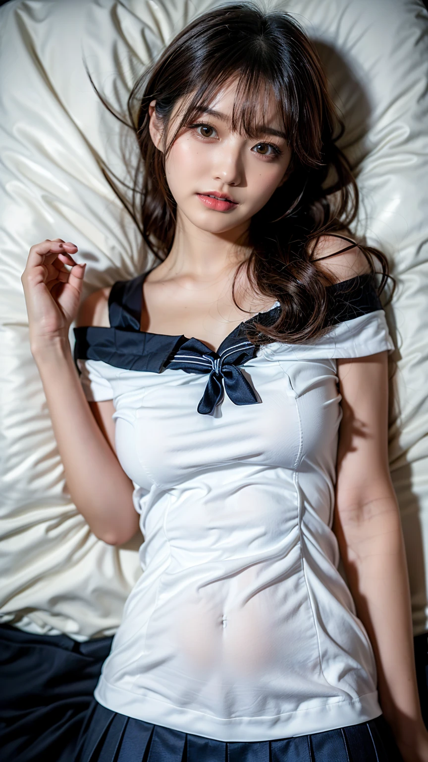 girl lying on bed,Wet,charming eyes,Heartwarming action,Turn your face away from the camera,bent down,bend over,turn back,Look up at your head,thick long hair,highly detailed body,highly detailed face,highest quality,(off shoulder white blouse),(Loose red bow tie)、(pink good)、((Holding a wine glass in your hand)),(I can see pink panties)