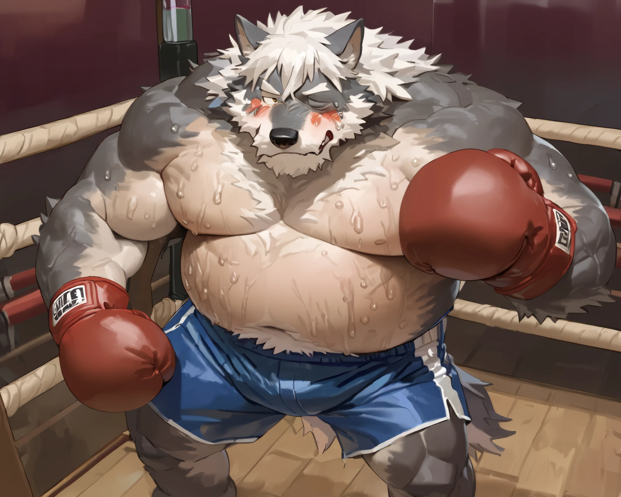 Solo, 1boy, Grizzly Bear,personification,Mature male,Hercules,White hair,naked,Gentle expression,Blue pupils,gray eyebrows,Scars on face and chest,Shirtless, topless,Huge Muscular, Boxing Shorts, Thick Arms, Hands on Boxing Gloves,The Age of Steam, Boxing Ring, Gym Fitness Center。