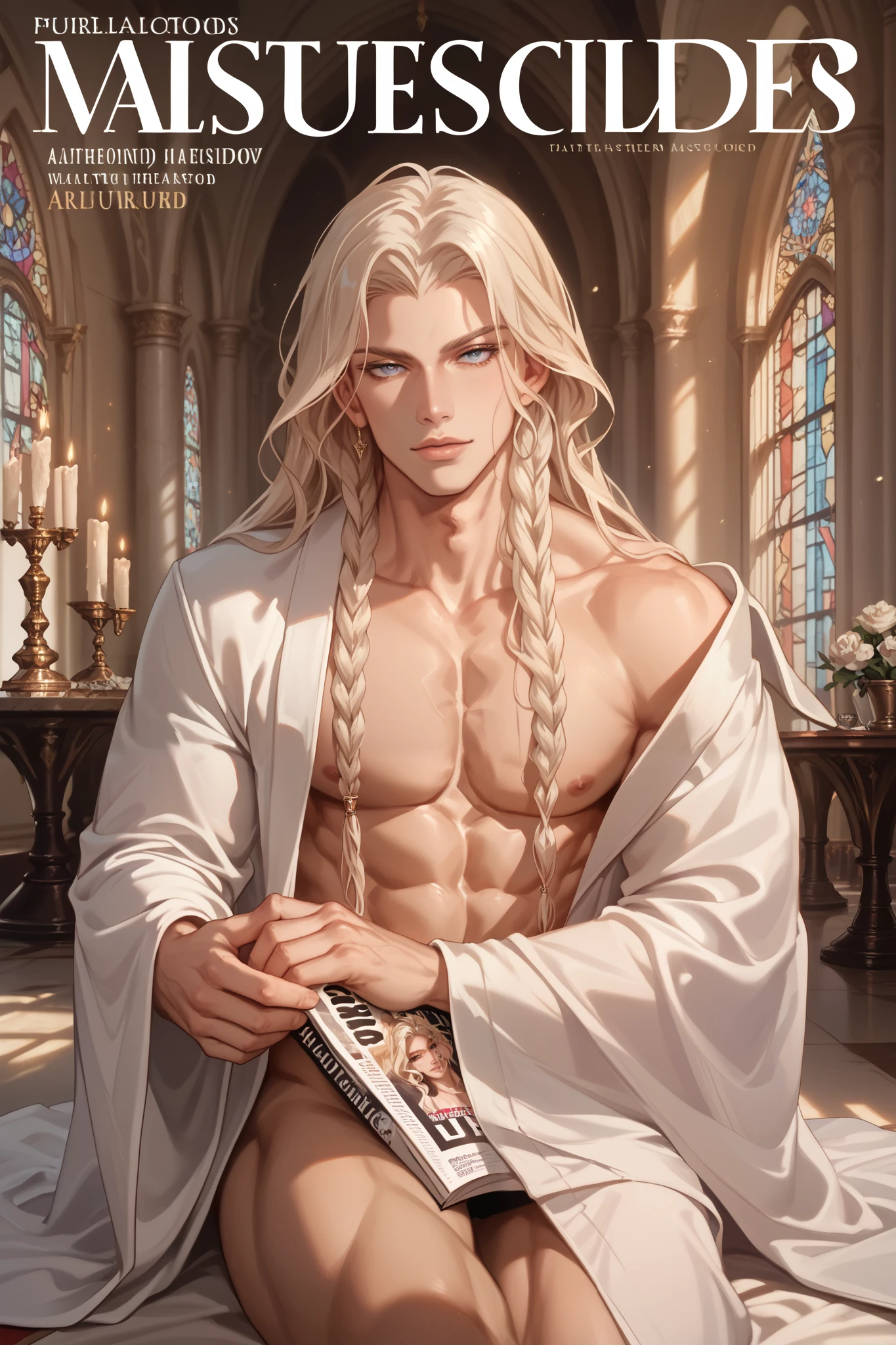 1boy, Alucard, long blond hair, toned body, shirtless, white thin robe, inside the castle, seductive look, expressive eyes, eyesdetails, absurdres, topquality, ultradetail, masterpiece, magazine cover