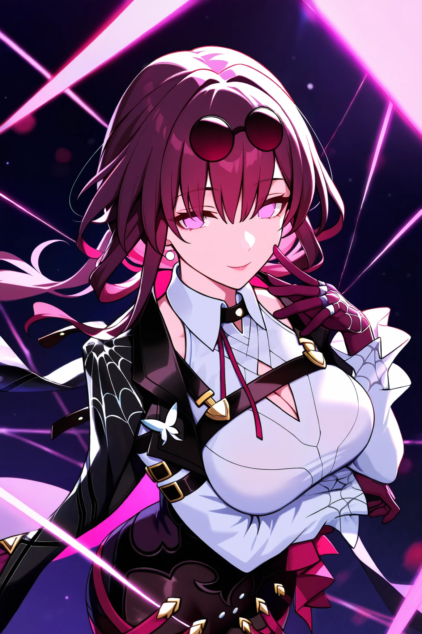 masterpiece, best quality, amazing quality, newest, very aesthetic, 1girl, kafka \(honkai: star rail\), cowboy shot, purple hair, butterfly ornament, purple eyes, round eyewear, black choker, black jacket, jacket on shoulders, high waist shorts, black shorts, collared shirt, white shirt, pantyhose under shorts, purple pantyhose, purple gloves, purple spider web print, glowing web, glowing purple string, arm under breasts, hand up, standing, dynamic pose, darkness, dim lighting, bokeh, official art, absurdres, highres