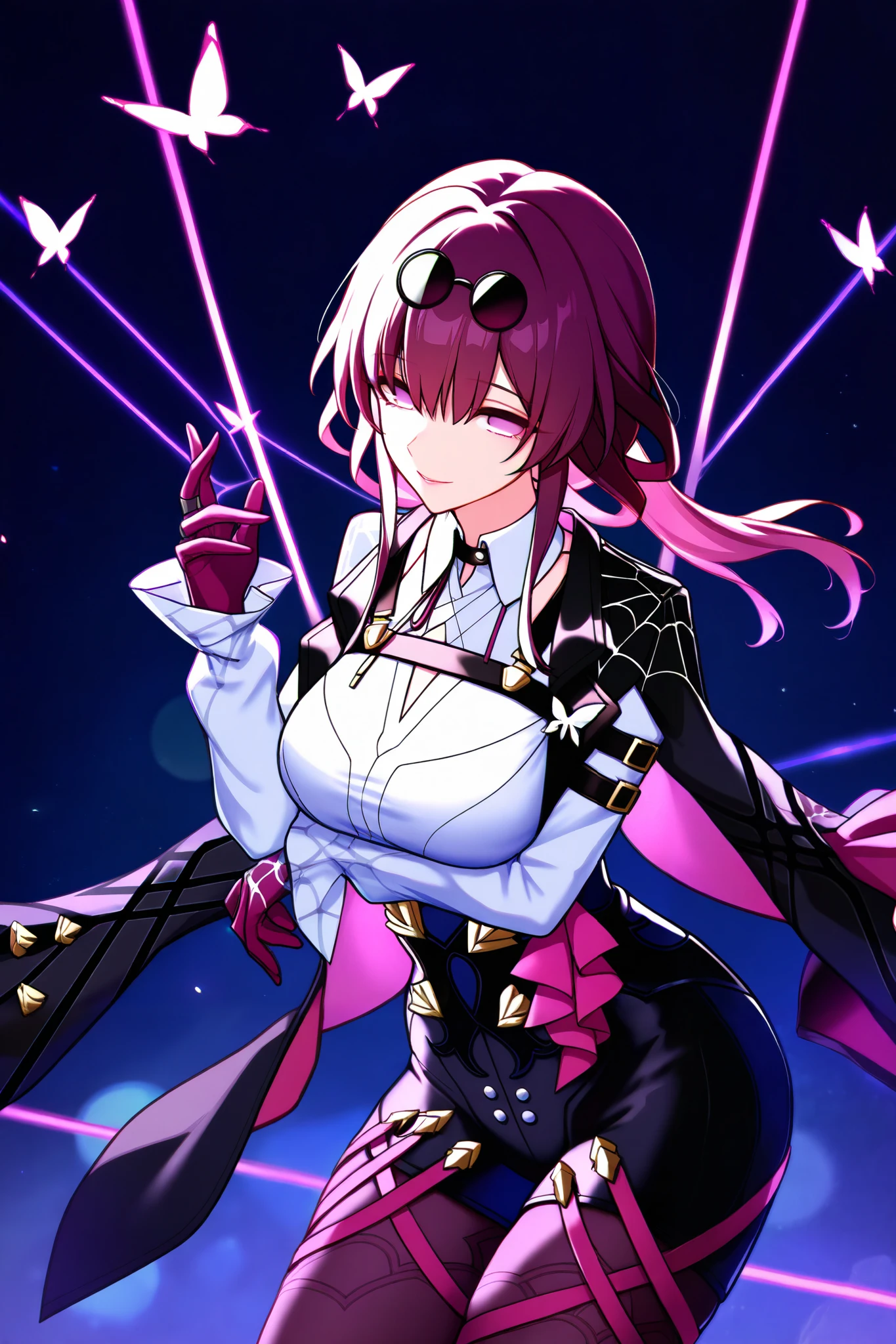 masterpiece, best quality, amazing quality, newest, very aesthetic, 1girl, kafka \(honkai: star rail\), cowboy shot, purple hair, butterfly ornament, purple eyes, round eyewear, black choker, black jacket, jacket on shoulders, high waist shorts, black shorts, collared shirt, white shirt, pantyhose under shorts, purple pantyhose, purple gloves, purple spider web print, glowing web, glowing purple string, arm under breasts, hand up, standing, dynamic pose, darkness, dim lighting, bokeh, official art, absurdres, highres