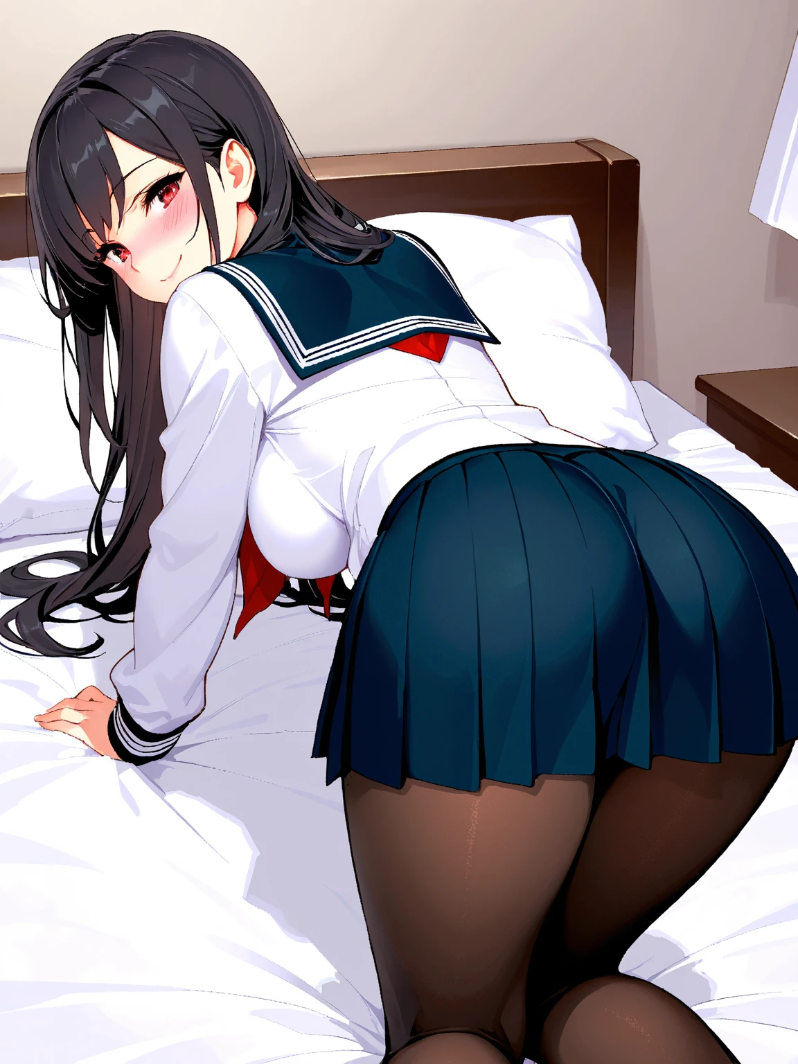 hi-school girl、panties on、Panchira、realisitic、8K、high-level image quality、A dark-haired、s ass、Skirt twisted、thighs thighs thighs thighs、posterior view、Slender figure、A slender、long legged、((posterior view))、((pantie shot))、a sailor suit、inside a classroom、In the school、((独奏、1人))