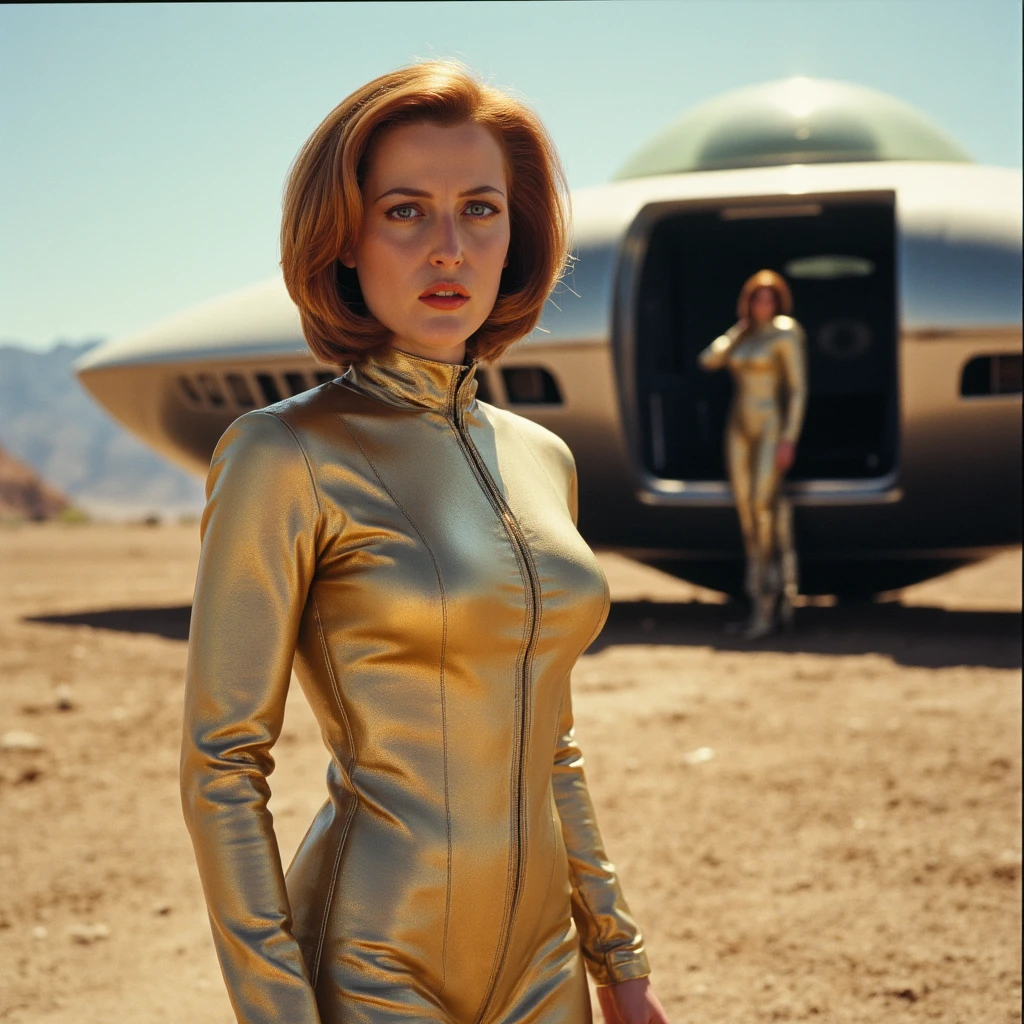 A picture of a woman in a bikini running away from a flying saucer, Science - Fine Art, SF poster, Sci-fi fantasy, Sci-Fi illustrations, Science fiction movies, Realistic Sci-Fi Art, Movie Poster Style, Latest SF pinup