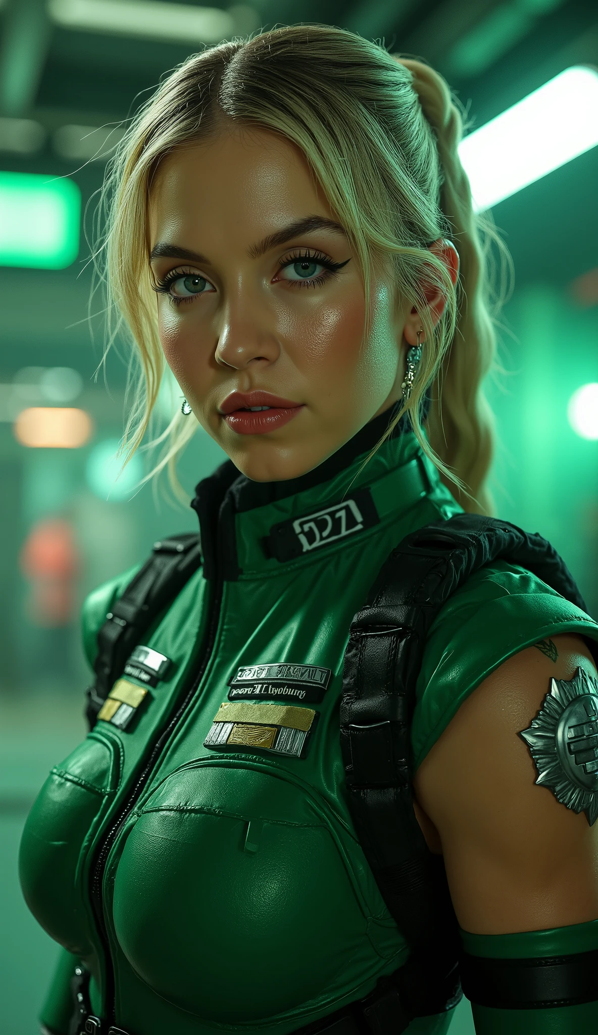 Here is a detailed prompt to generate an image **super realistic** de Sarah Jessica Parker como **Sonya Blade**, focused on **upper body**, in a brilliant green military uniform and striking details, e um Bottom marcante: --- **"Hyper-realistic Close-up by Sarah Jessica Parker as Sonya Blade, the experienced combat lieutenant of * mortal kombat*. She is in a confident and powerful pose, with a determined and focused expression , conveying strength and readiness for combat. She wears a bright green military suit, with reflective metallic details and badges that highlight his status From experienced soldier. The lighting is dramatic , with shades of green and silver, creating strong contrasts between light and shadow. O Bottom é um cenário realista de uma base militar de alta tecnologia, with neon lights, holographic screens and soft smoke, adding an intense and enveloping atmosphere."** --- **Extra details for realism:** - **clothing:** Brilliant green military fabric, with metallic reflections and super-realistic textures. - ** :** looking determined and focused , conveying the essence of an experienced and ruthless soldier. - **Bottom:** Super-detailed textures in the equipment and neon lights of the military base. This prompt combines iconic Sonya Blade elements with Sarah Jessica Parker's unique look, guaranteeing a cinematic and immersive result! rendered in an ultra-realistic way Engine 5 with resolution 8K or higher