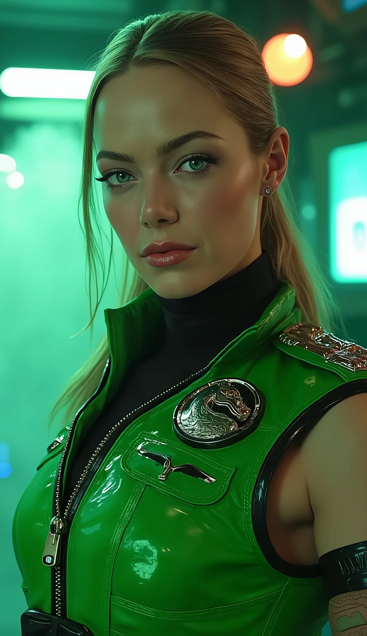 Here is a detailed prompt to generate an image **super realistic** de Sarah Jessica Parker como **Sonya Blade**, focused on **upper body**, in a brilliant green military uniform and striking details, e um Bottom marcante: --- **"Hyper-realistic Close-up by Sarah Jessica Parker as Sonya Blade, the experienced combat lieutenant of * mortal kombat*. She is in a confident and powerful pose, with a determined and focused expression , conveying strength and readiness for combat. She wears a bright green military suit, with reflective metallic details and badges that highlight his status From experienced soldier. The lighting is dramatic , with shades of green and silver, creating strong contrasts between light and shadow. O Bottom é um cenário realista de uma base militar de alta tecnologia, with neon lights, holographic screens and soft smoke, adding an intense and enveloping atmosphere."** --- **Extra details for realism:** - **clothing:** Brilliant green military fabric, with metallic reflections and super-realistic textures. - ** :** looking determined and focused , conveying the essence of an experienced and ruthless soldier. - **Bottom:** Super-detailed textures in the equipment and neon lights of the military base. This prompt combines iconic Sonya Blade elements with Sarah Jessica Parker's unique look, guaranteeing a cinematic and immersive result! rendered in an ultra-realistic way Engine 5 with resolution 8K or higher