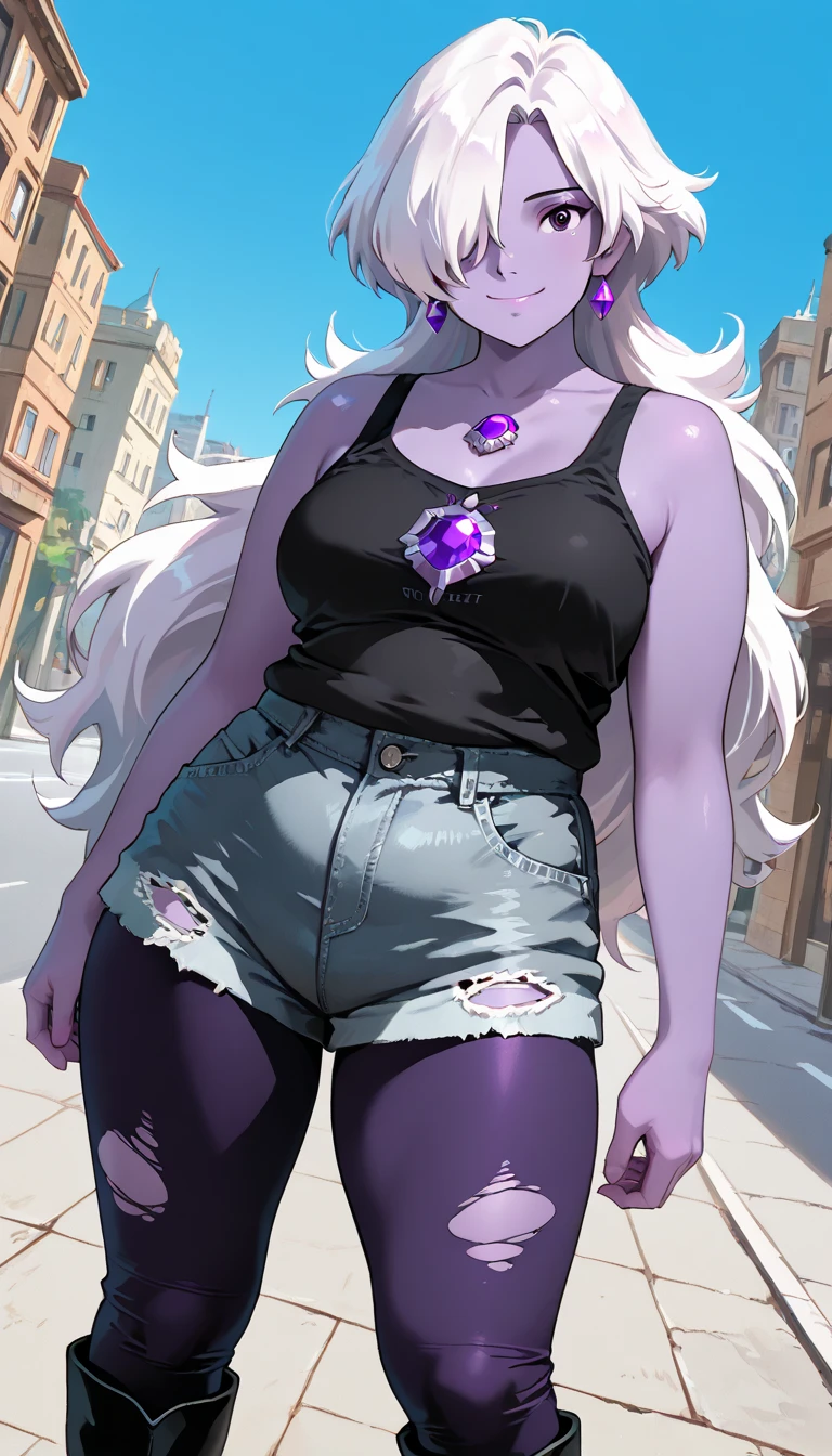 Amethyst, furry girl, cat, white hair, punk hairstyle, long hair, anime style, small breasts, narrowed eyes, black eyes, ((black shirt, off shoulders, midriff, gray shorts)), beach, clear sky, high quality, detailed body, detailed eyes, detailed face, masterpiece, glistening body, detailed body fur, best quality, purple fur, perfect lighting, perfect shadows, perfect eyes, perfect hair, perfect face, gorgeous body, full body, feets with three toes, solo, tiny body, short body,