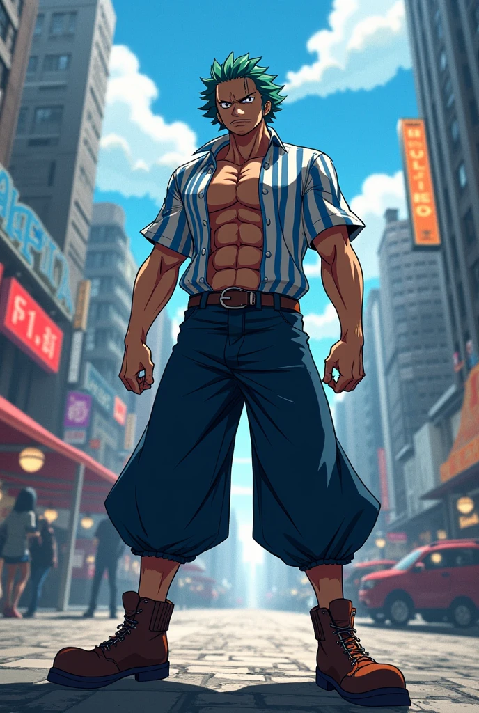 anime+yaoi+hentai style, hentai style colors palette , simetryc composition,  ultradetailed art style, oil painting, fullbody, perfect compositicion,  perfect anatomy, wearing small litle shorts, dramatic, natural lighting, a young gorgeous, shirtells pantless,barefoot, small, erected penis, handsome, tall, perfect feet, latino ,  detailed realistic muscles, simetryc body,  he is  ridding  a blue motorcycle and holding a sword , carring  a multicolor back bag,   in a downtown  scenario