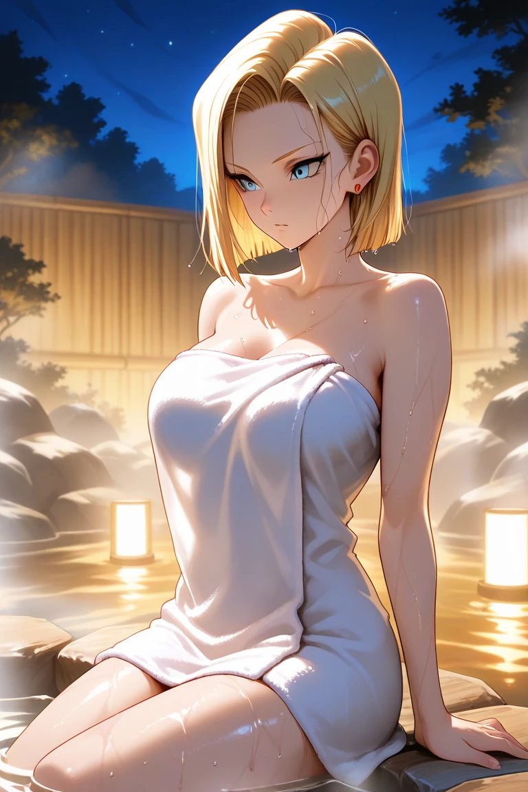 Masterpiece, best quality, very detailed, Ultra high resolution, (photorealistic:1.4), raw photos, (realistic:0.2), 1 girl, alone, short hair,8k hdr, 1 girl,Blonde hair, shy ,sweat,wet,moist,steam, medium-large breast, bright eyes, , medium-small breasts,,Wrapped in towel , bamboo forest