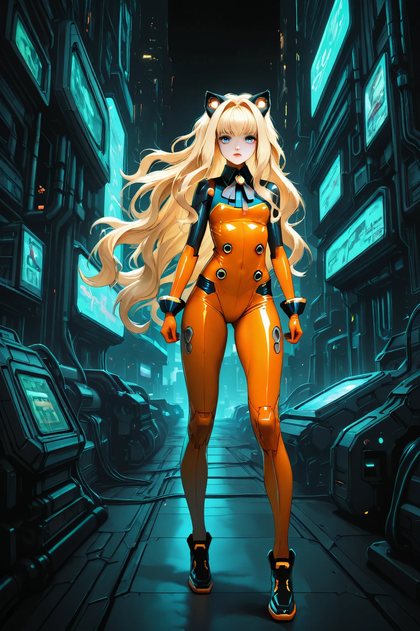 (right in front:1.2), (SeeU:1.2), (full body:1.2), (cyberpunk, sci- fi, black, orange bodysuit:1.2), (single character:1.2)

