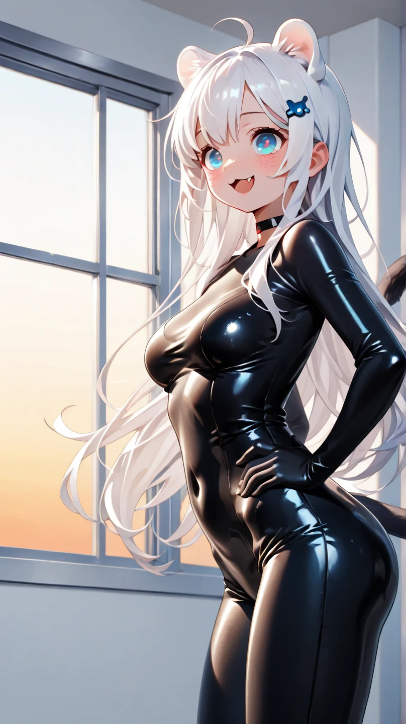 (((top-quality, masterpiece))), ((masterpiece, best quality;1.3)), ultra detailed, 8k unity wallpapers, CG, ray tracing, illustration, colorful, cinematic shadow, extremely detailed and beautiful background,vhd, shadering VRay,RT, 1girl, smile, teenage, blush, happy, smiling, solo, blue eyes, (blush), (white hair), (long straight hair), (((small breasts))), slim waist, white glowing skin, nice hips, highly detailed beautiful face, beautiful face, beautiful deep eyes, sexy, lewd, ultra detailed, scenic (((sexual intention look))), ((Masterpiece, Excellent, complex details)), delicate girl, delicate face, anime, best quality, high quality, beautiful girl, high detail, (((black leather catsuit shorts))), (((leather thigh high boots))), (((some lace details))), headband with latex cat ears, black leather gloves, bare thighs, open shoulders, (((thick thighs))), (red lipstick), detailed face, pretty face, embarrassed blushing face, humiliated, outside, sitting on big stone stepstair, (raining), (rainy atmosphere), night
