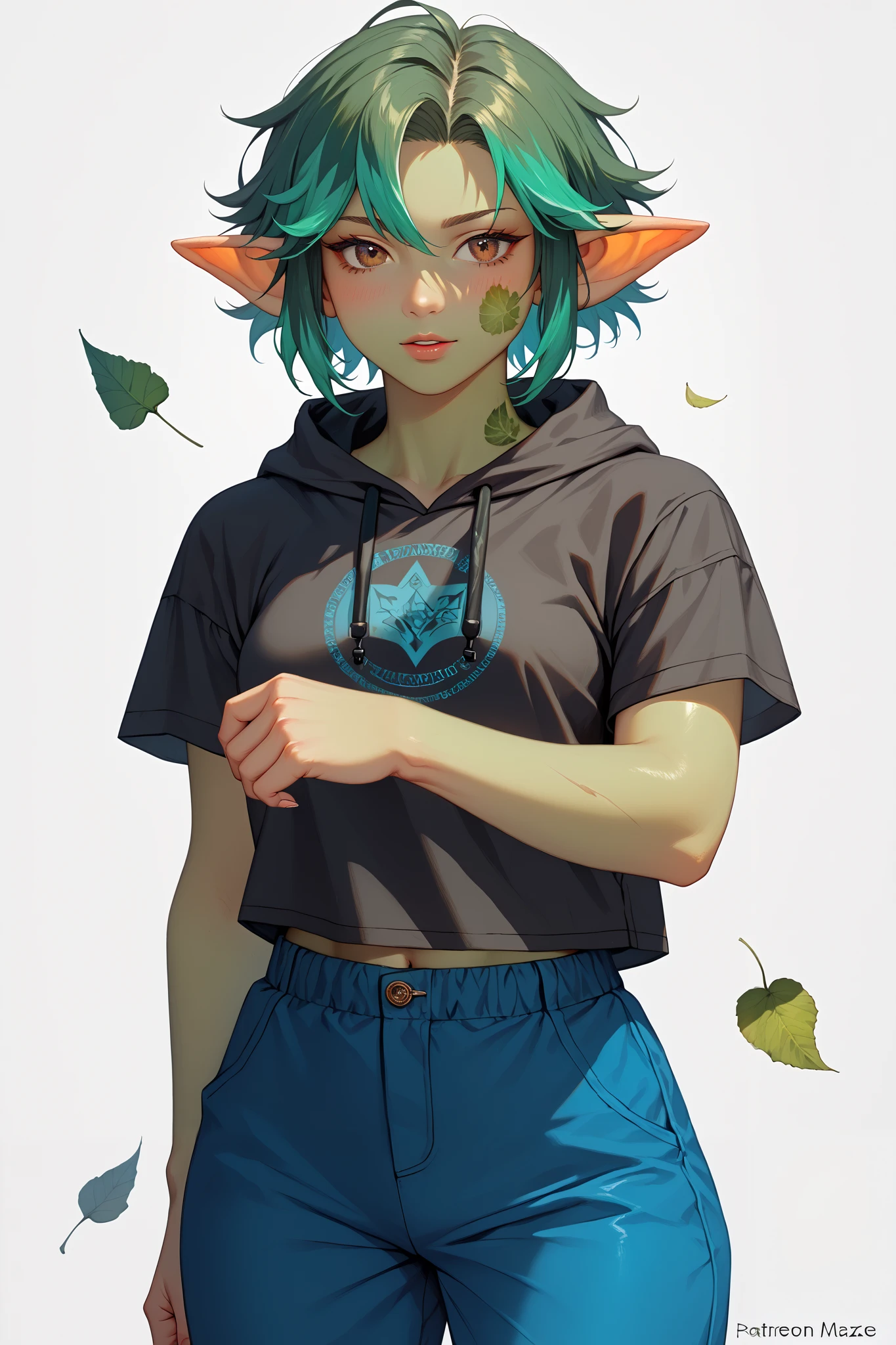 Solo, (((From front))), Female, goblin, ((green hair highlights)), (brown eyes), space bun hair, sci-fi type, white t-shirt, black hoodie with blue line details, ((Blue Suit Pants)), ((green leaf Mark on face)), looking towards viewers, random standing Pose, simple white background