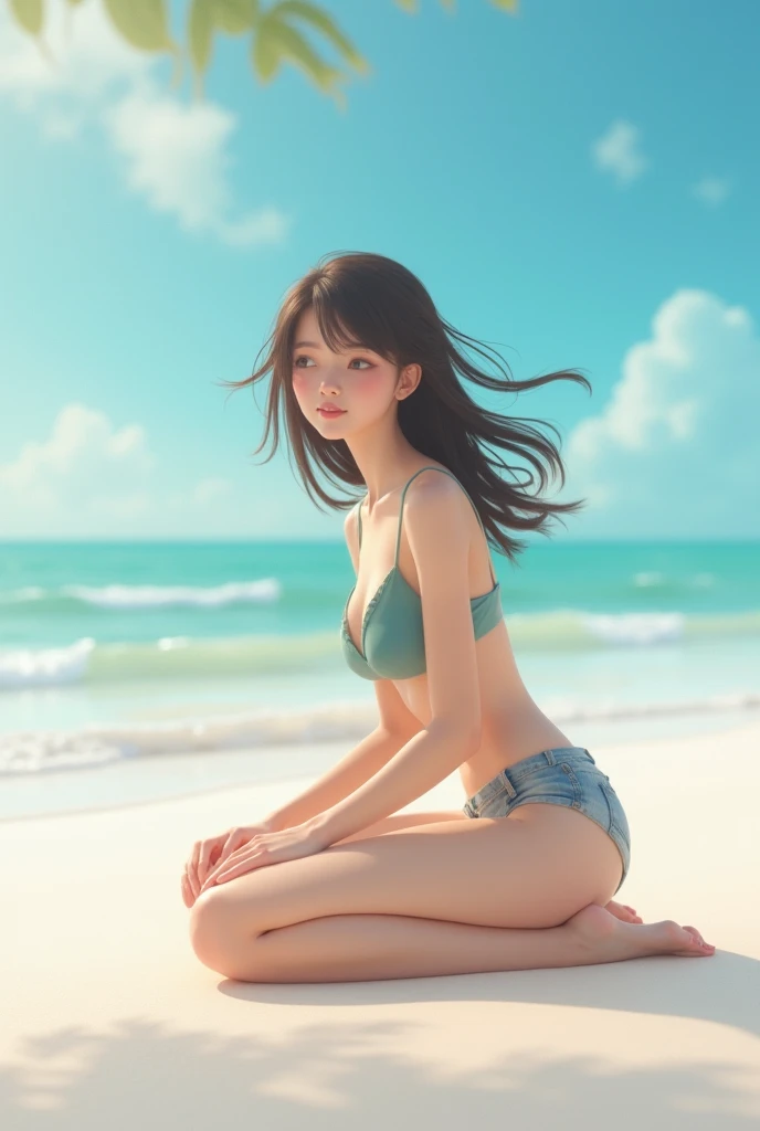 Japanese woman in bikini lying on the beach