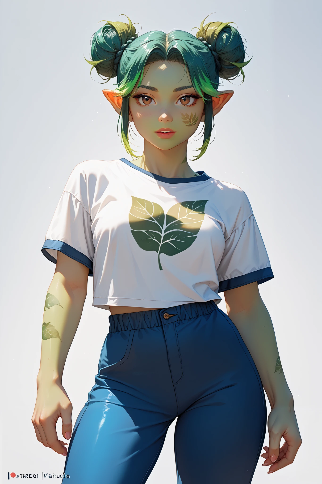 Solo, (((From front))), Female, goblin, ((green hair highlights)), (brown eyes), space bun hair, sci-fi type, white t-shirt, black hoodie with blue line details, ((Blue Suit Pants)), ((green leaf Mark on face)), looking towards viewers, random standing Pose, simple white background