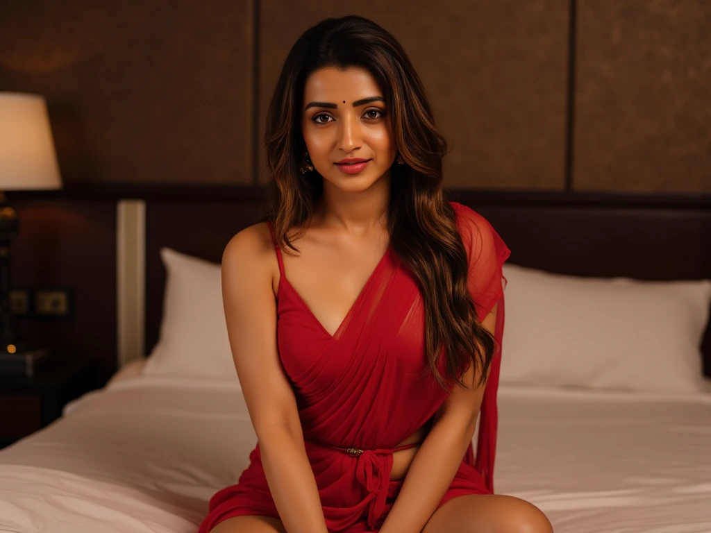 kareena kapoor listening lofi music, wearing silk red dress, sitting on a sofa, add headphones