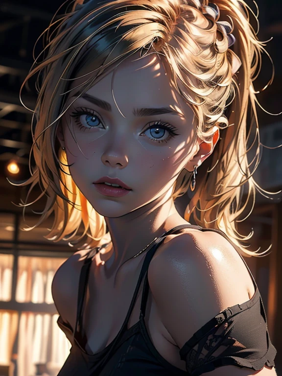 A woman wearing a semi-bikini set, Black and white bikini set, (((Bold pose using a chair))), ((Micro Panties)), Camel Toe, Blonde Short Hair, (front:1.5), (From below), (Beautifully detailed eyes), (Beautifully detailed face), (Very detailedな顔), ((Very detailed hand drawing:1.5)), ((Thick thighs)), (Beautiful body), (Wall thickness), (Pin spot on black background), (Gentle light), (Written boundary depth), (Very detailed), (Realistic))), 8k, wallpaper, masterpiece, 最high quality, high quality, High resolution、sexy, ((Face close-up))