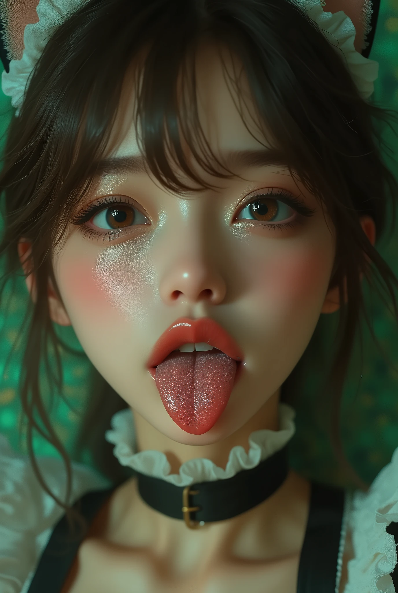 32K, Masterpiece, top quality, ( Korea's Beautiful Woman,) 女性のtongueの接写ショット, fisheye shot,Lick the lens ,tongue出し、tongueを見せびらかす、tongueを見せつける、 詳細なtongue、セクシーなtongue、超リアルな質感なtongue,close one eye, (Wearing a cotton maid outfit, ,Cute ruffled girl dress, Cat ear headband, The base color is white、black、green),lip,(saliva), Staring _in_ viewer,,tongue、tongueよだれを垂らします, fish eye lens ,close-up,艶やかなtongue、saliva、艶やかなlipグロス,( beautiful eye detail, textured skin, beautiful skin on hands, Long Lashes for Muscular Bodies, blue eyes, round eyes),
