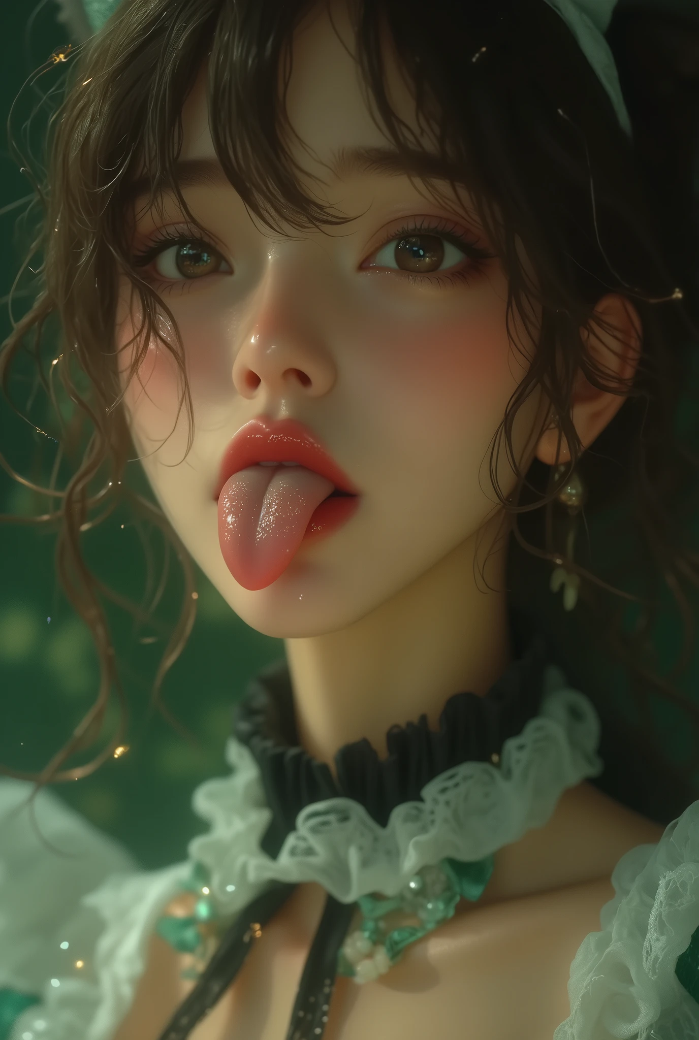32K, Masterpiece, top quality, ( Korea's Beautiful Woman,) 女性のtongueの接写ショット, fisheye shot,Lick the lens ,tongue出し、tongueを見せびらかす、tongueを見せつける、 詳細なtongue、セクシーなtongue、超リアルな質感なtongue,close one eye, (Wearing a cotton maid outfit, ,Cute ruffled girl dress, Cat ear headband, The base color is white、black、green),lip,(saliva), Staring _in_ viewer,,tongue、tongueよだれを垂らします, fish eye lens ,close-up,艶やかなtongue、saliva、艶やかなlipグロス,( beautiful eye detail, textured skin, beautiful skin on hands, Long Lashes for Muscular Bodies, blue eyes, round eyes),