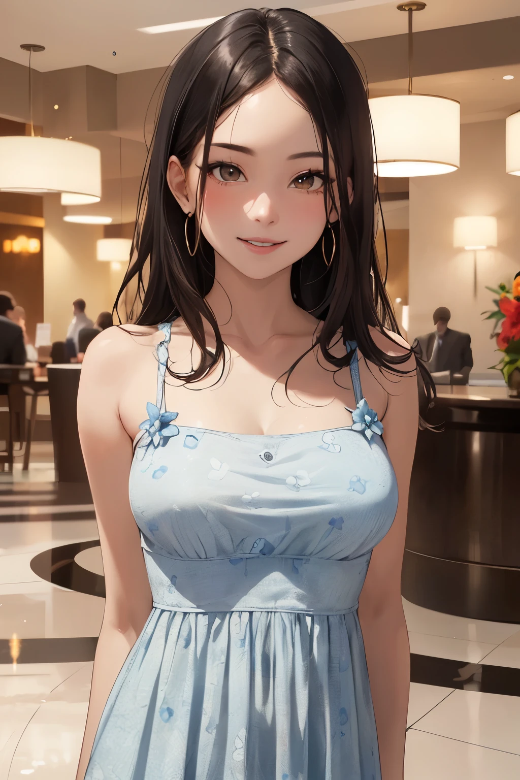 ((1 Girl)), Latest Trends in Clothing, sharp expression, White dress with lace, Shorn bangs, garden, Cowboy Shot,((Very detailed,Highest quality, High resolution, 8k wallpaper, Beautiful clothes,)),((Black Hair, Shortcuts,Straight hair)) , (teeth), Grinning face, eye shadow, eyeliner,Glowing Eyes, Very detailed目, Clear Eyes, Beautiful Eyes, ((Sparkling aqua blue eyes)),18-year-old girl.