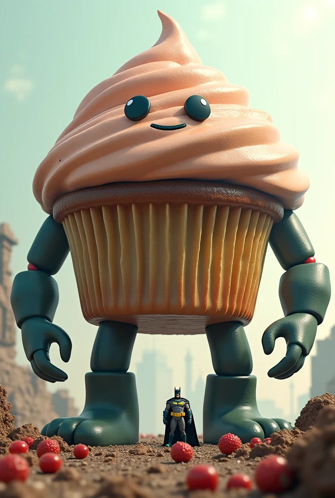 A giant cheese with legs and an arm destroys a city