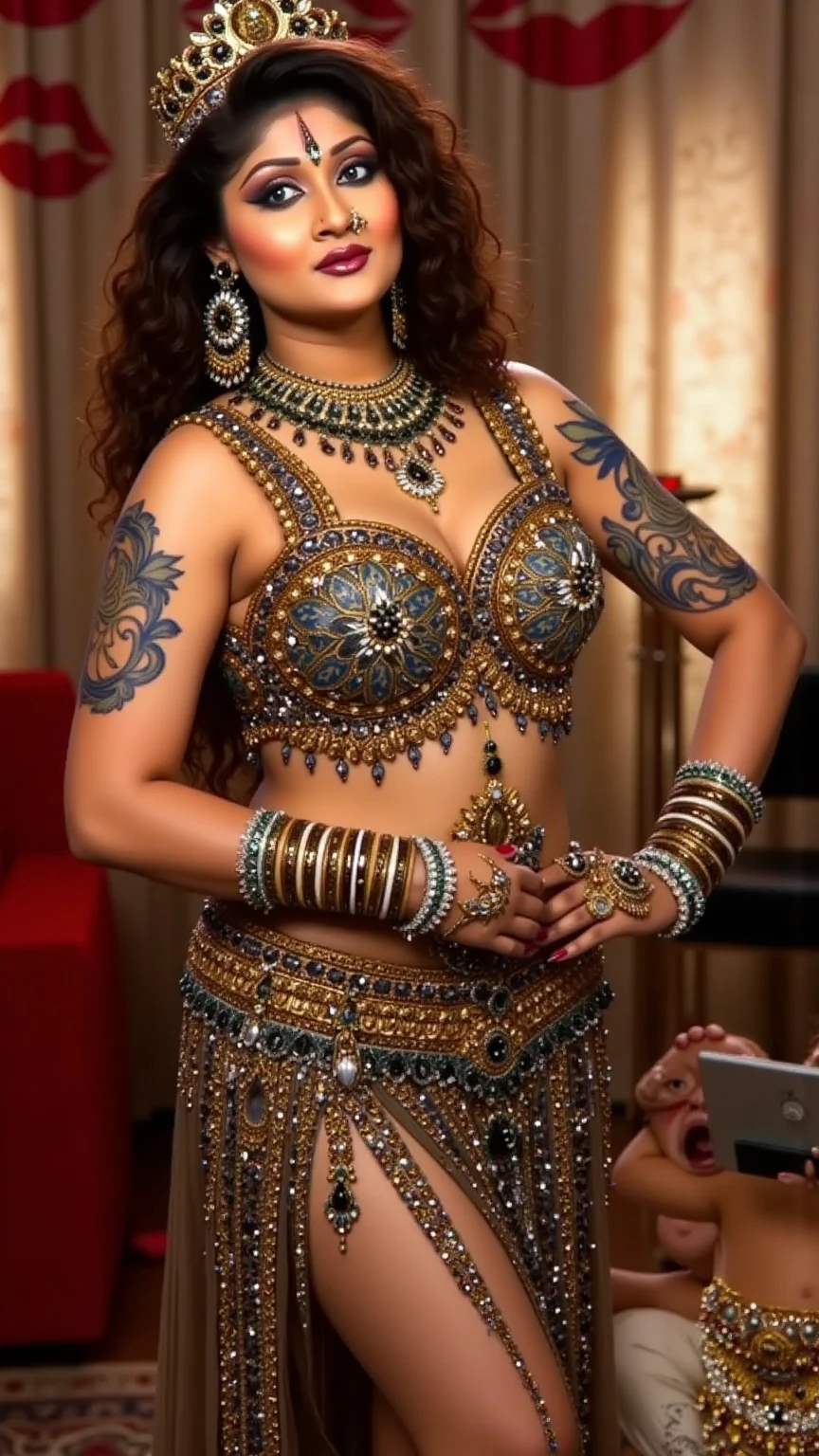 Mature hindu goddess, wonder woman outfit, dusky dark armpits, pierced belly button, nipples ring breasts, tattoo, HDR, detailed, realistic, tattoo, slutty spreading legs, necklace, crown on the head, hands raised above, black stubble armpits, bangles, waist chain, big breasts, wide hips, naked