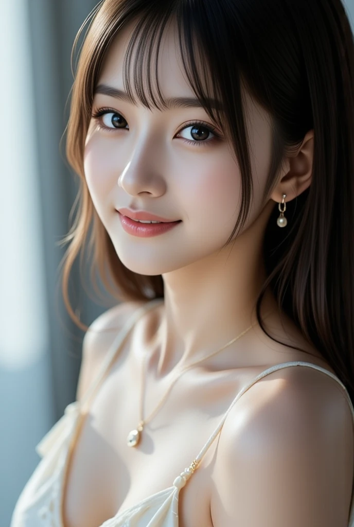 Highest quality, Face Focus, Soft Light, Ultra-high resolution, (Realistic:1.4), RAW Photos,
1 Japanese girl, alone, cute, (pupil, Light in your eyes),  Beautiful face in every detail, (Small box),(High resolution detail of human skin texture),
(Long Hair),
indoor,
Damask Shirt Dress,
(Portraiture),Facing forward