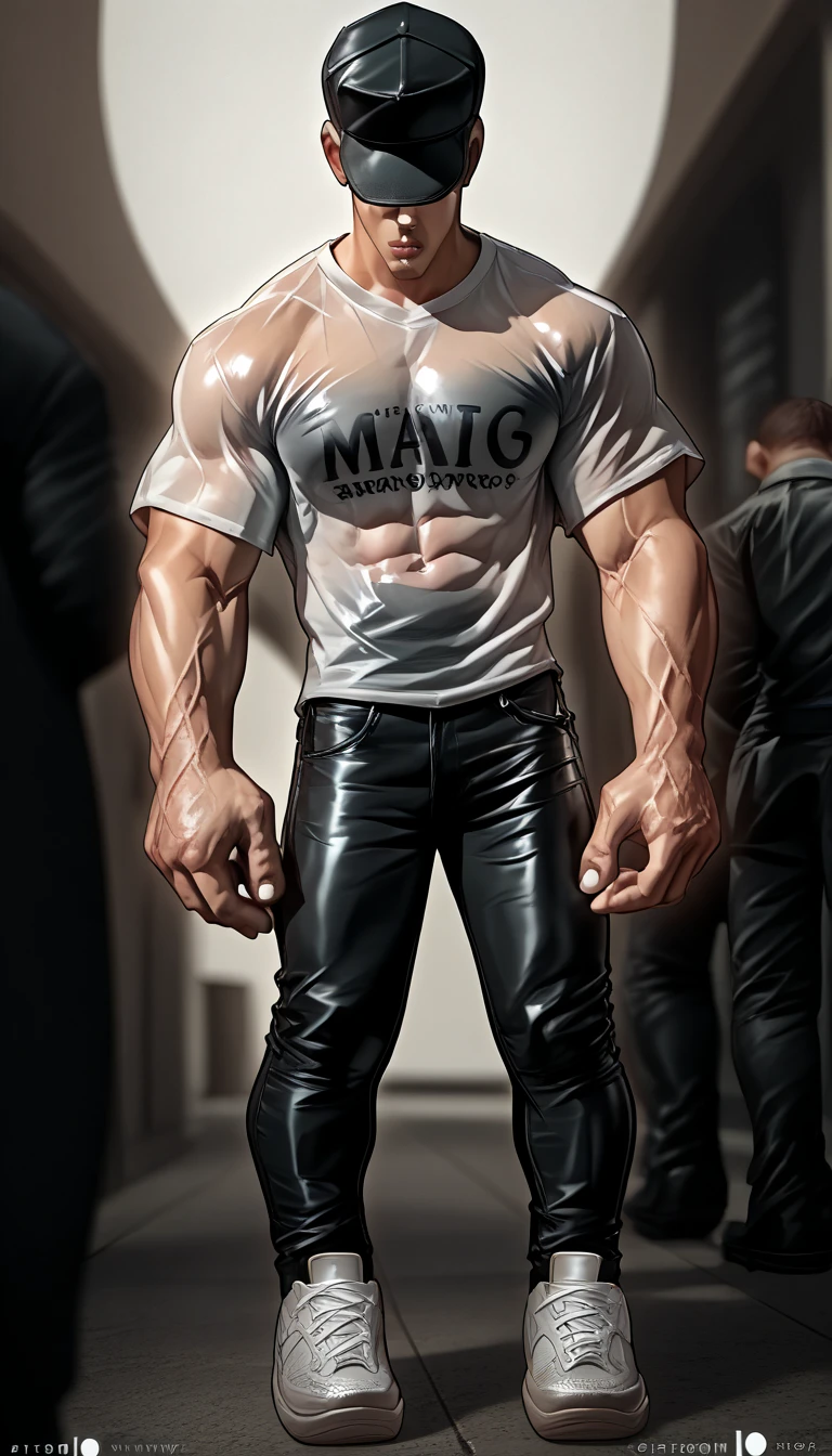 By bebebebebe, by lostgoose, by goonie-san, solo, male, standing, otter, smirking, rape face, muscular, leather jacket, black jeans, hands behind head, looking down at viewer, ((muscular)), slightly chubby