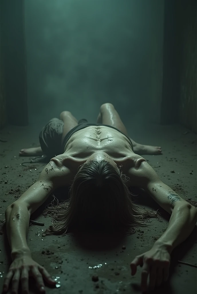((sexy 20s two ukrainian women)), black and dark blue tight skinny jeans, belt, white nike air max 90 sneakers, topless, (((full view))), full body view, lying on the mud, dirty and wet oily skin, blood all over the body, wounds, scratches, bruise, dead, rest, lifeless, eyes closed, mouth open, necklace, showing tits and pointed nipples, wristwatch, bracelet, dead girls, pose, street view, tortured, rainy weather, bloodbath, ((facing backwards pose))