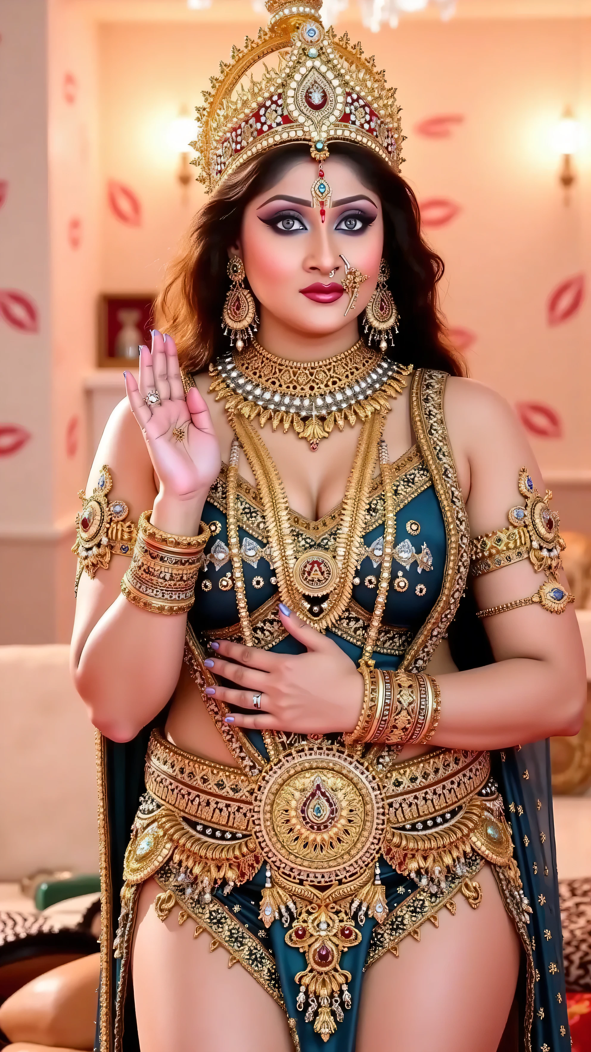(sexy hot 🥵 devi of Indian, she has very giant  with cleavage, sexy long legs, she is sitting on mahishasur thighs side, mahishasur is lying on floor)The image you sent appears to be of Hindu devi of sex love , 40 year old a Hindu goddess known for her sex and erotic. She is often depicted with arms behind her head exposing armpits, symbol of her hottest goddess, wearing sexy dress for showcasing her legs and massive breasts. Background is lots of kissing lips mark on an off white wall

In this image, she is standing in front of camera, she is very hot Because she is goddess of sex,big , sexy figure, sexy legs, jewellery,milf, goddess looks, sexy dress showcasing her sexy hot legs,(Kamasutra queen, crown on head,(red lipstick, sexy bright face), (intricate detailing of face eyes nose mouth full lips & body parts), textured skin, smile:0.6, eyes symmetry, face symmetry, 256K, HDR, hyper realistic, intricate detailing, yotta-pixel image, yocto-pixel detailing, super realistic,4k, HDR, detailed image, DSL camera photo)